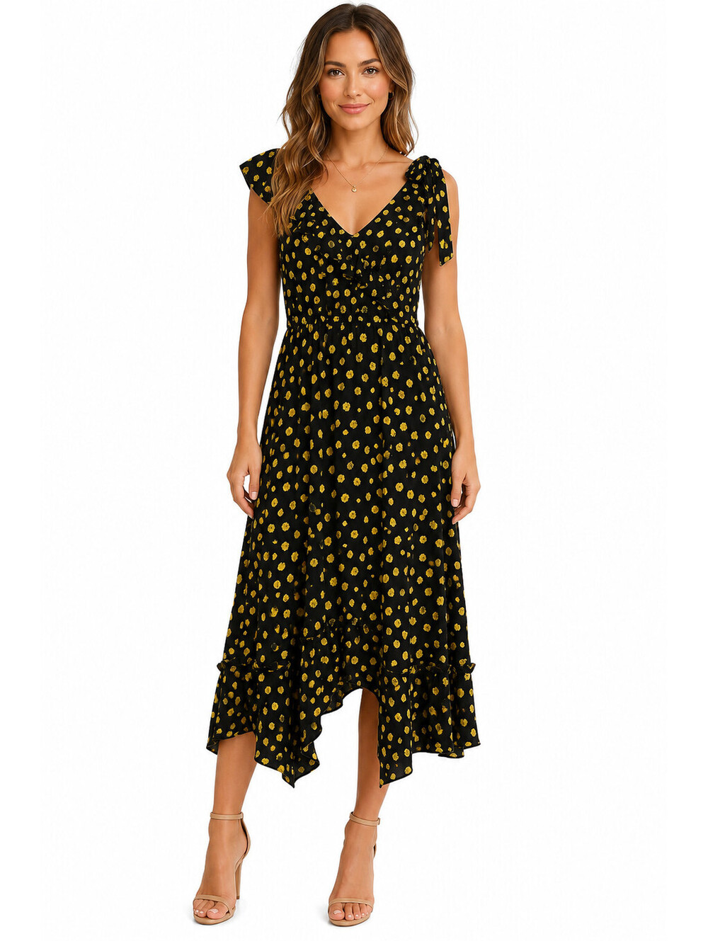 Who What Wear Women's Small Floral High Low Midi Dress Black Yellow Lined NWT